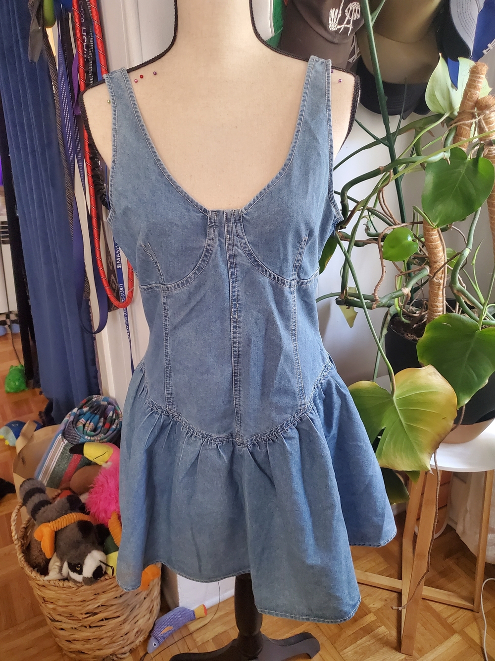 Sleeveless Blue Denim Mini Dress with Flared Skirt